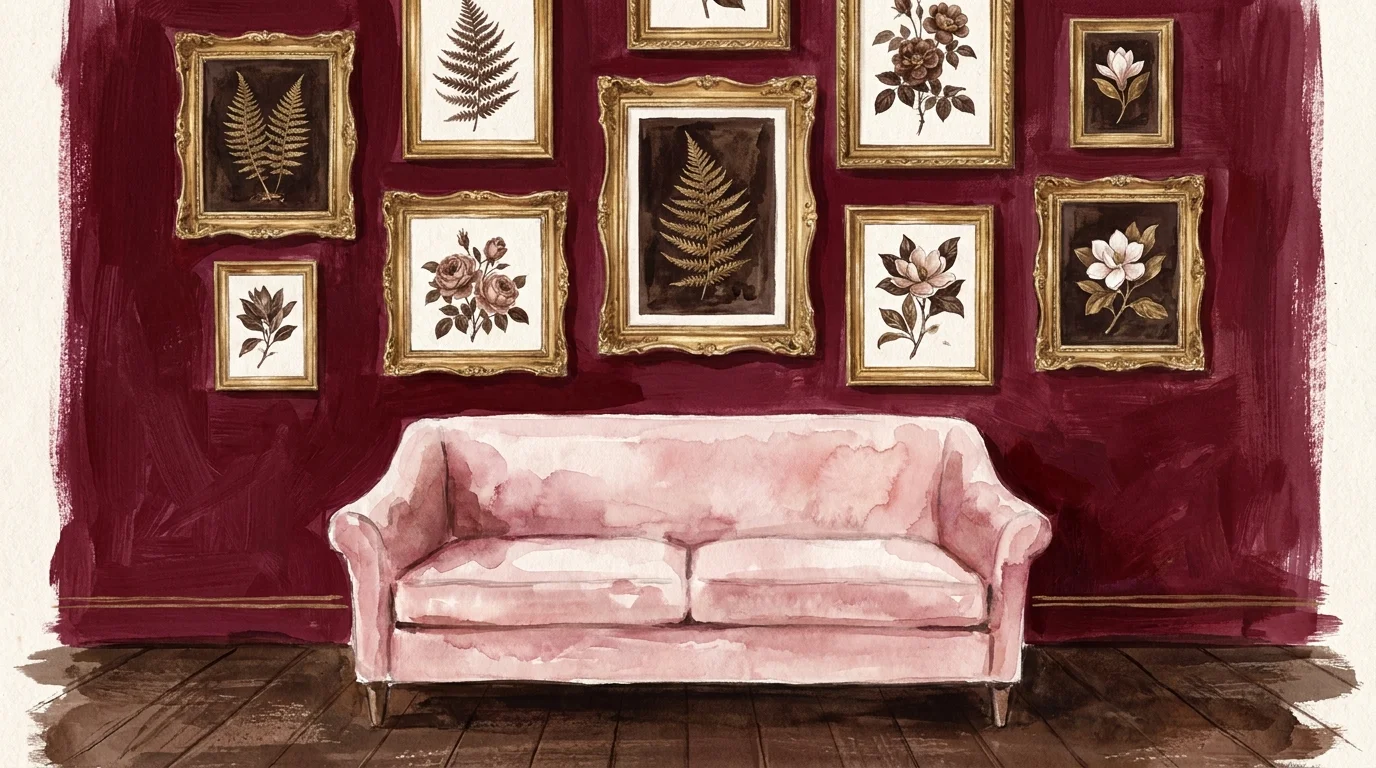 Gouache illustration of a burgundy wall with a blush pink velvet settee and gold frames.