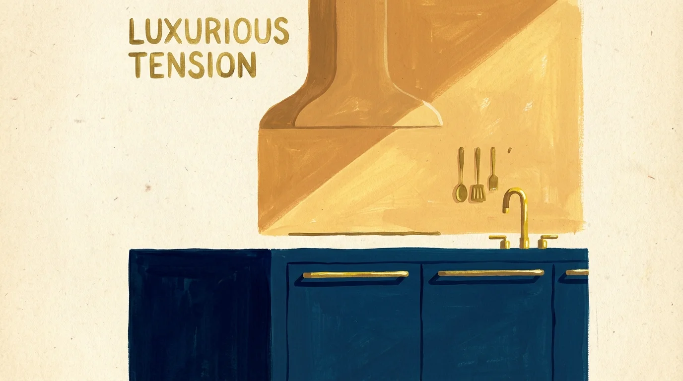 Gouache illustration of a midnight blue kitchen island against a vibrant ochre wall with brass hardware.