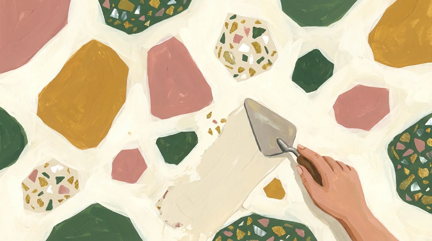 Gouache painting of a terrazzo floor with large, colorful stone chips being hand-troweled into a smooth base.