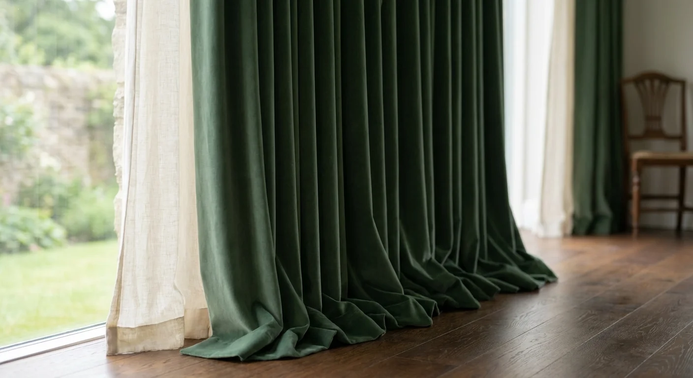 Heavy forest green velvet curtains puddled on a dark wood floor, showing thick texture and custom pleating.