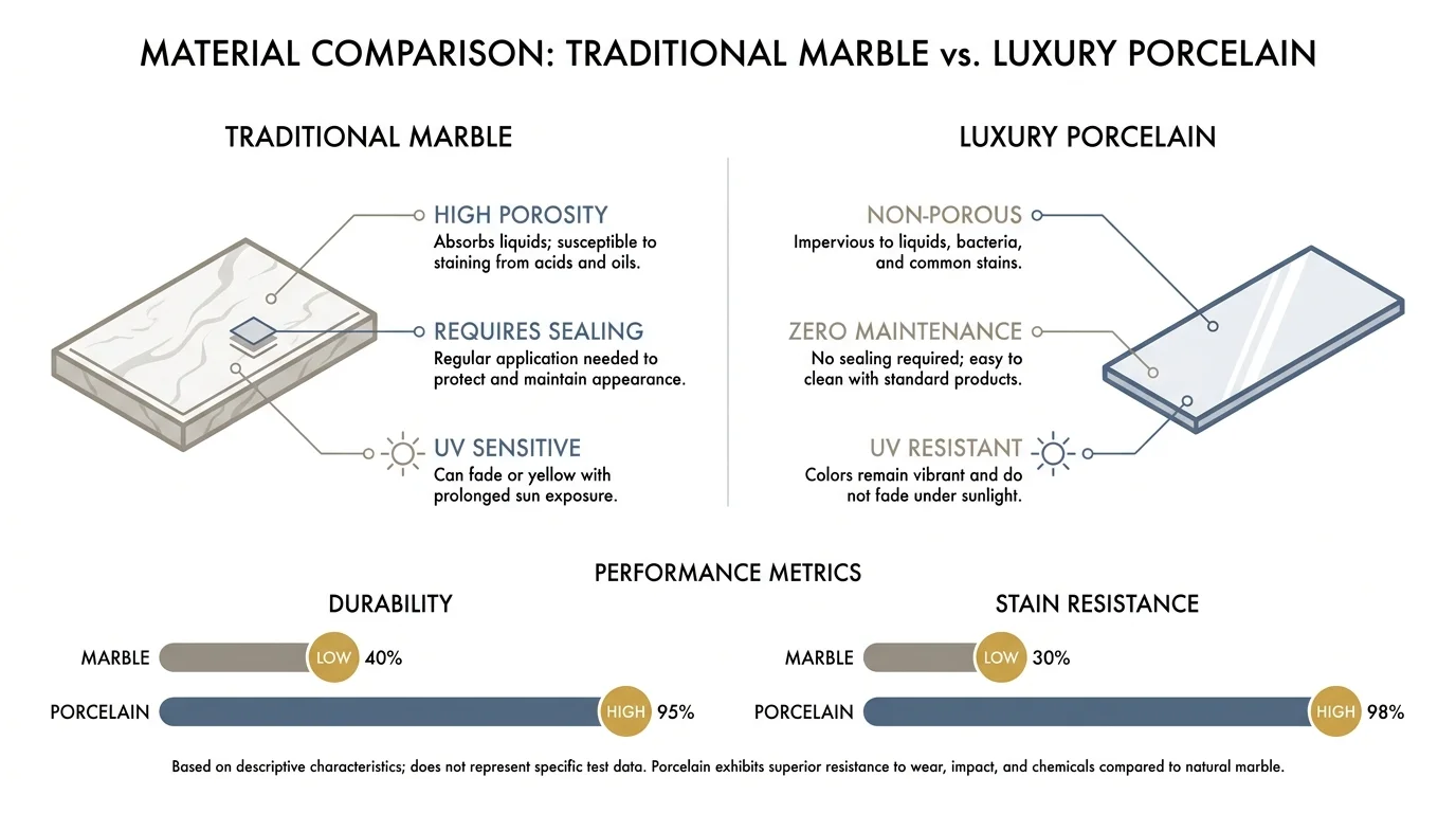 Infographic comparing Luxury Porcelain and Traditional Marble, highlighting porcelain's superior durability and maintenance.