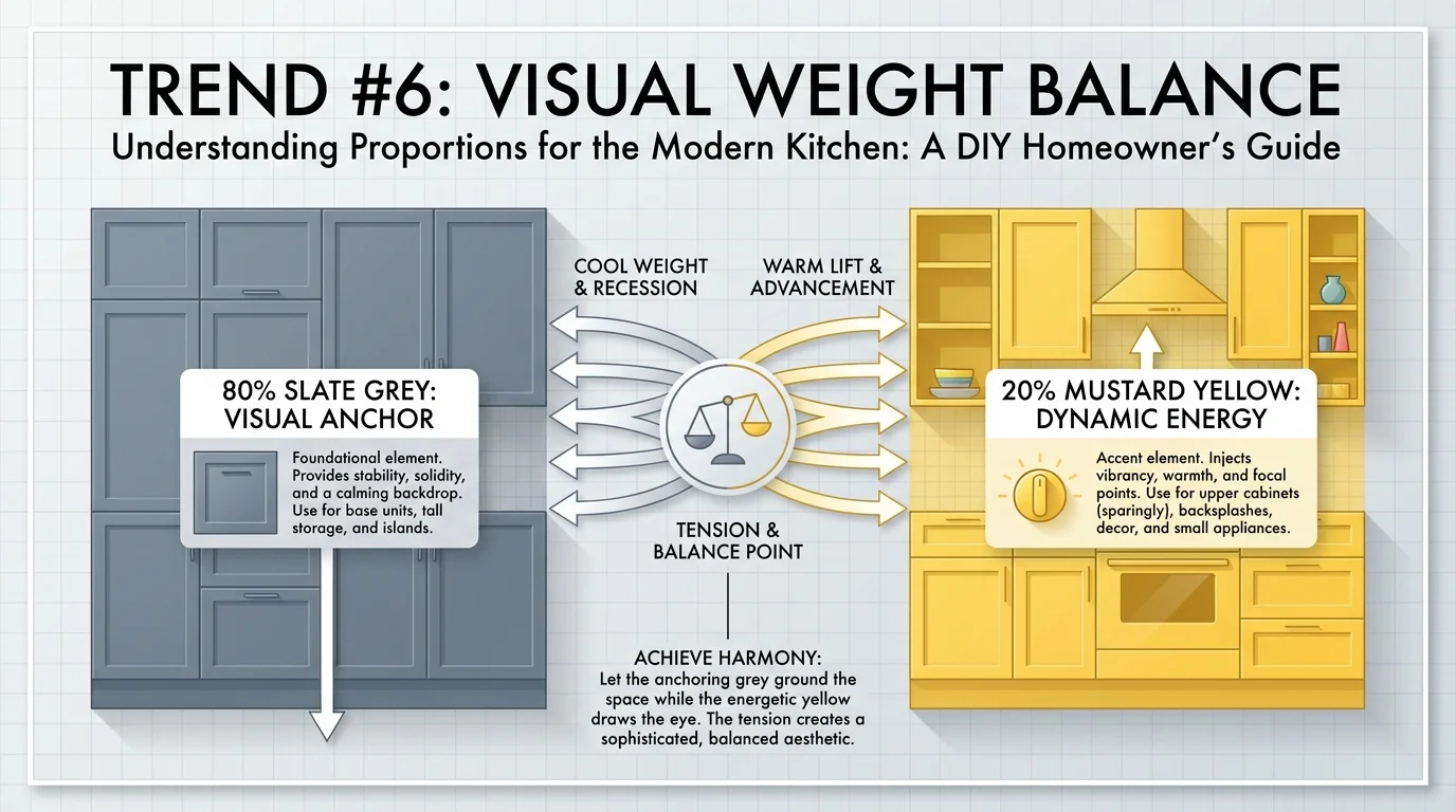 Infographic showing the 80/20 balance between slate grey base colors and mustard yellow accents.