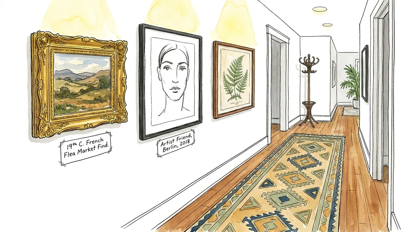 Ink and watercolor illustration of a diverse gallery wall with various frames and artistic styles.