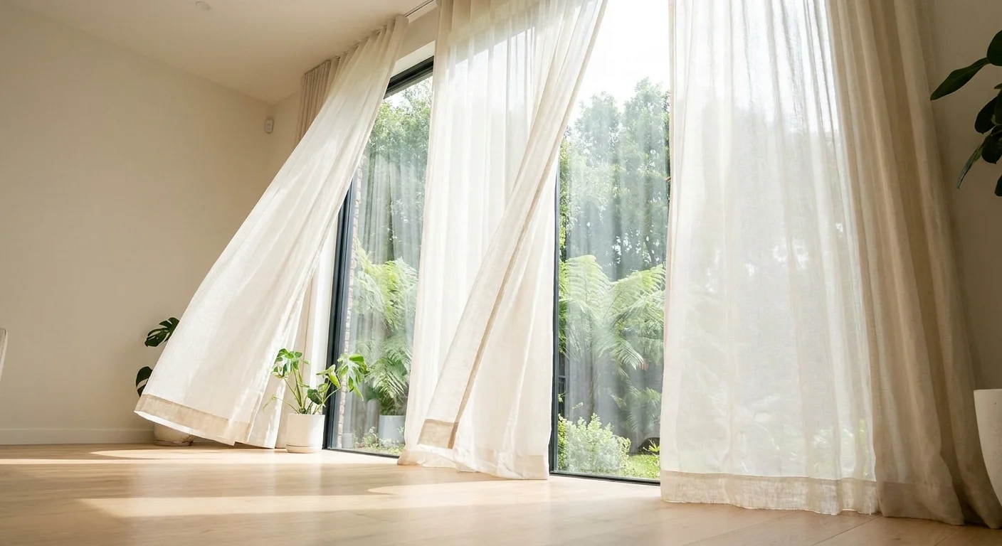 Light, translucent linen curtains blowing in the breeze, allowing natural light to fill a bright, modern room.