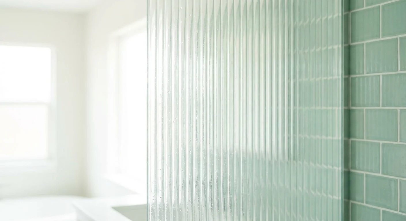 Looking through a textured glass pane at a wall of light green rectangular tiles.