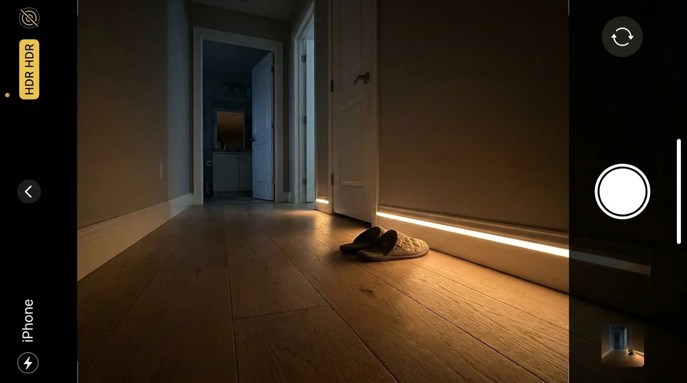 Low-angle photo of a dark hallway at night, illuminated by a soft amber LED strip integrated into the baseboard for safe navigation.
