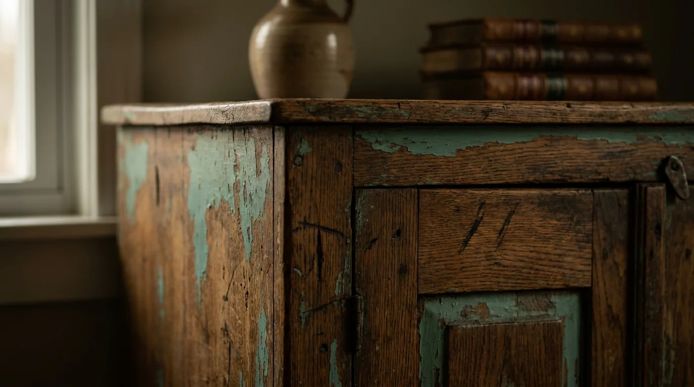 Macro photo of naturally aged wood on an antique cabinet, showing genuine wear and grain detail.