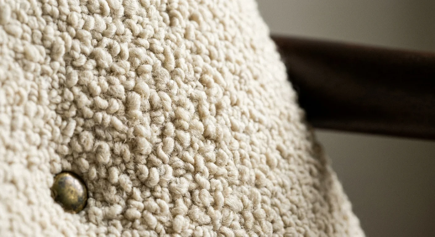 Macro photograph of cream bouclé fabric showing the nubby texture and soft yarn loops in detail.