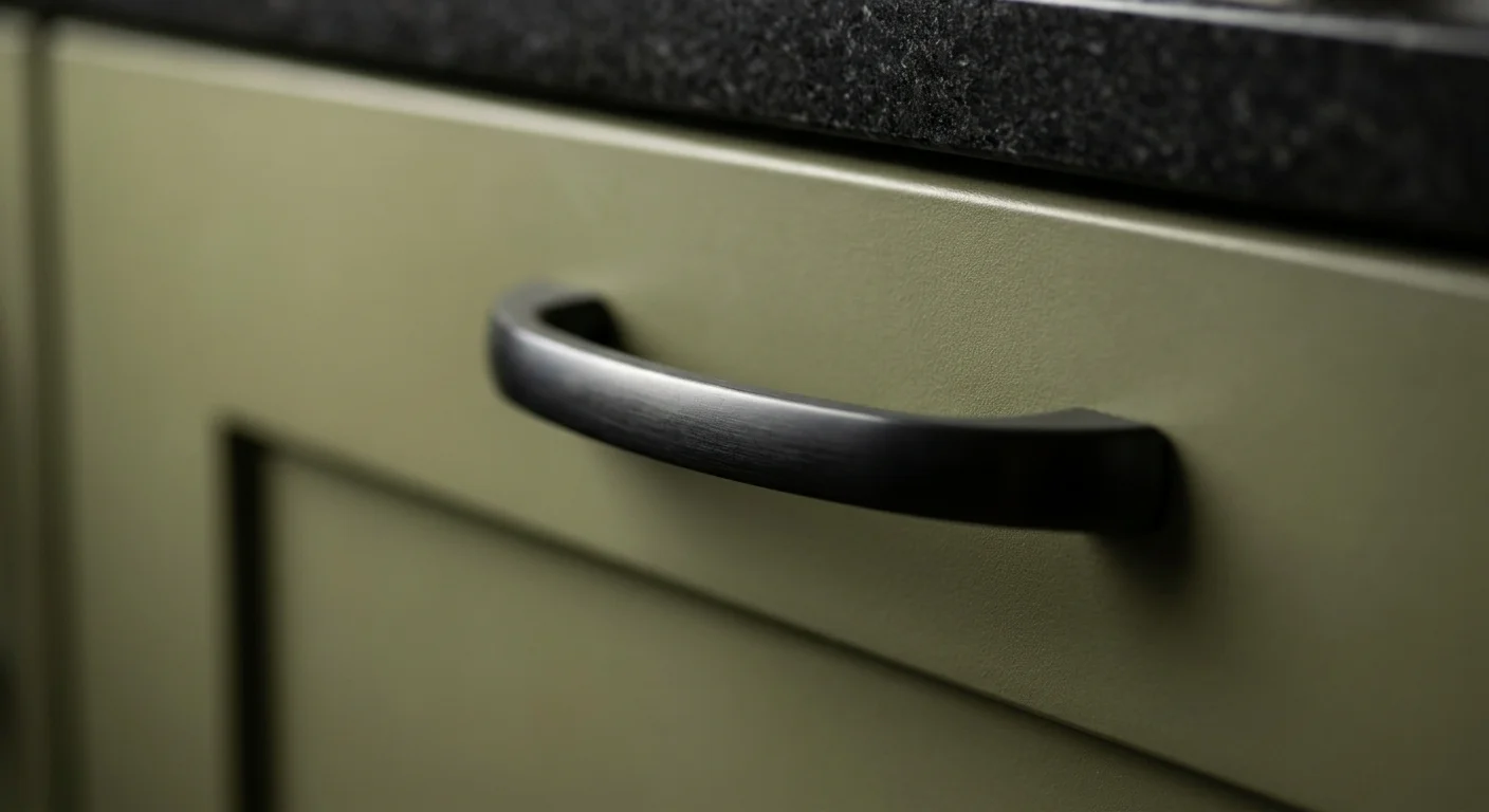 Macro shot of a matte black handle on a velvety olive green cabinet door.