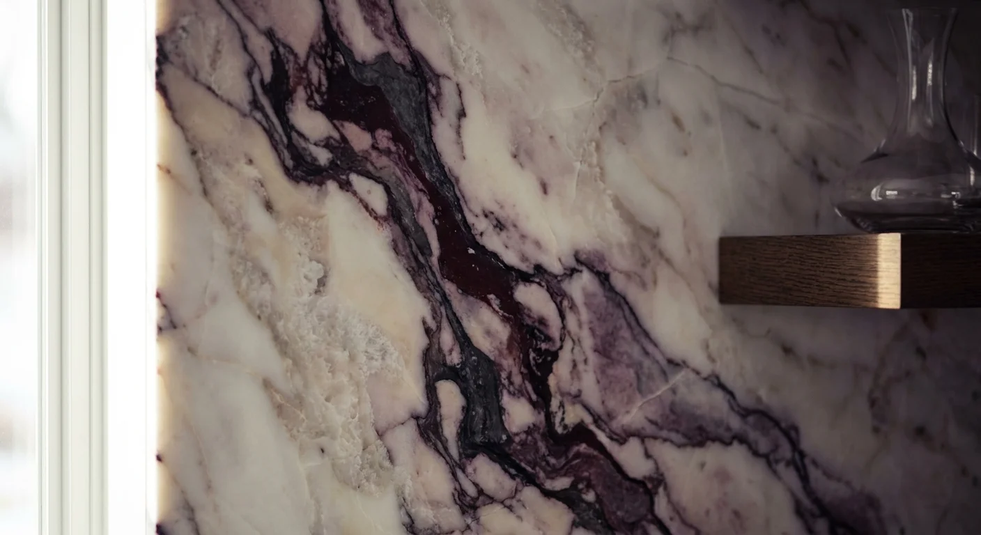 Macro view of Calacatta Viola marble with dramatic purple and white veining used as a kitchen backsplash.