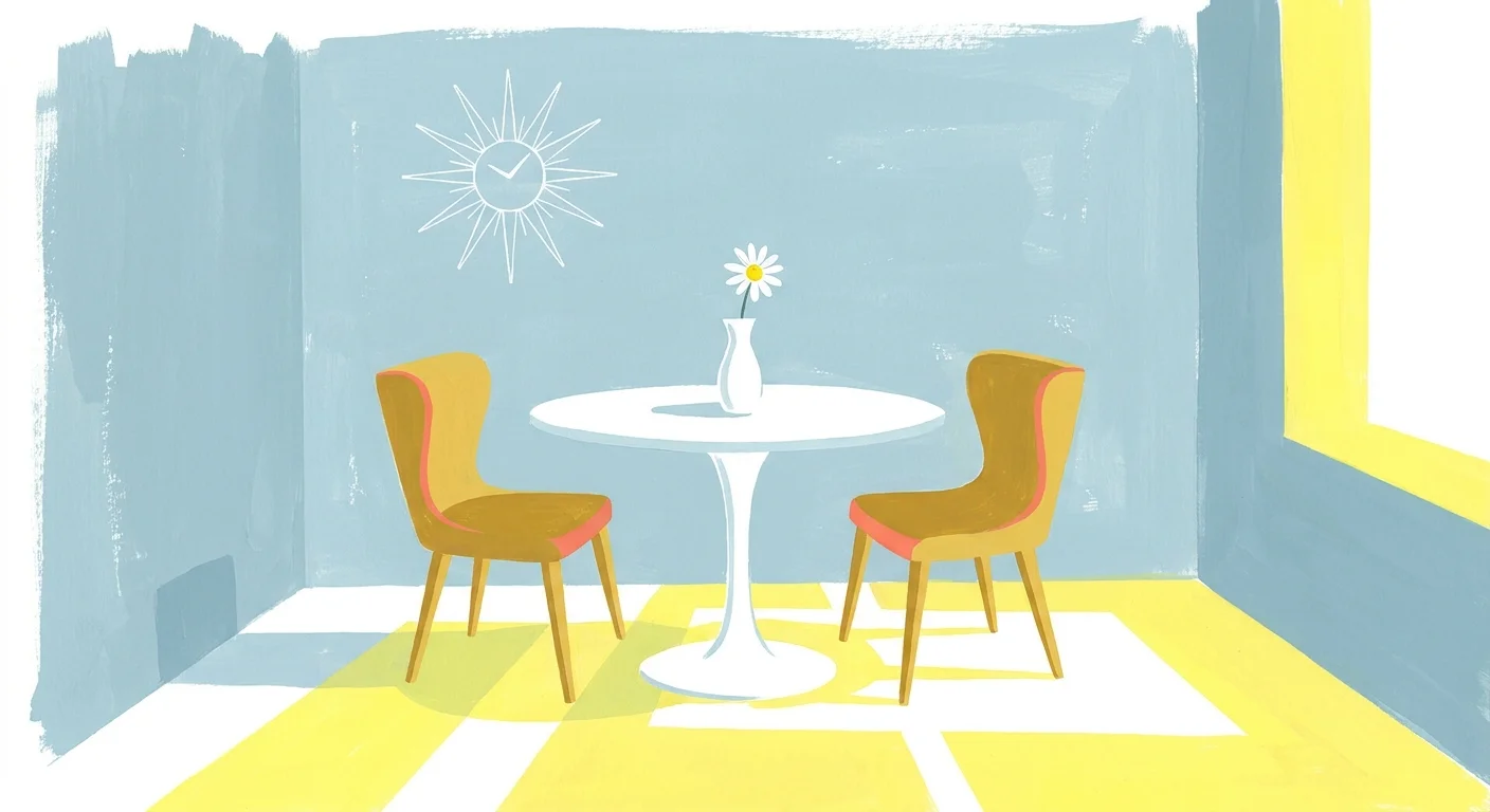Mid-century style gouache illustration of a kitchen with dusty blue walls and yellow chairs.