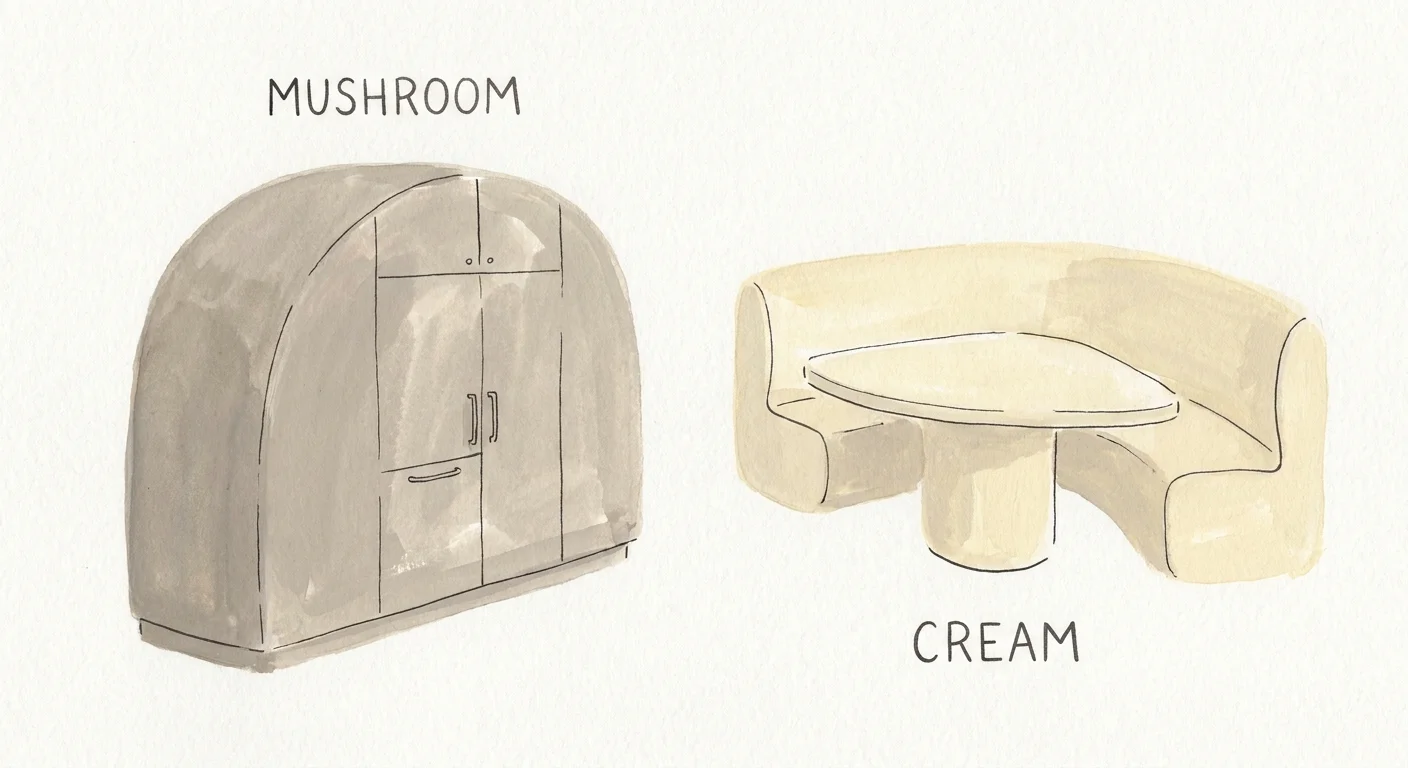 Minimalist gouache sketch showing a mushroom-colored cupboard and cream breakfast nook.