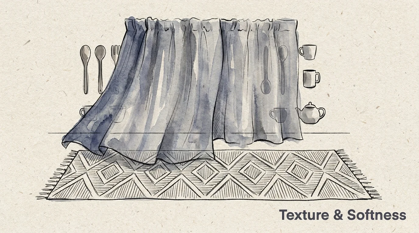 Mixed-media illustration showing the textures of a woven rug and linen curtains to represent kitchen textiles.