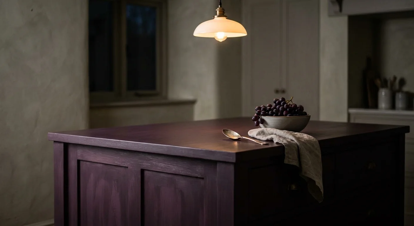 Moody kitchen island in deep aubergine against soft putty-colored walls under warm pendant lighting.
