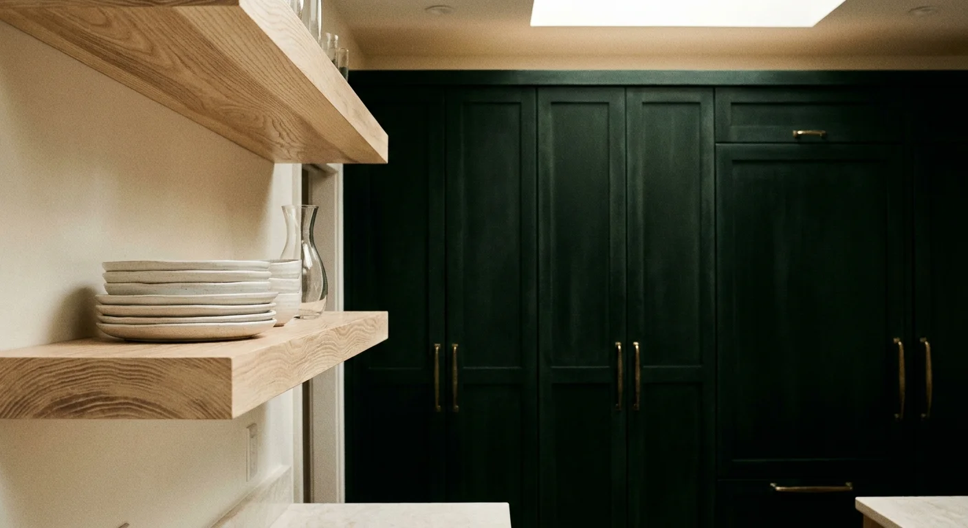 Pale ash wood shelving against deep forest green cabinetry, showcasing a quiet luxury aesthetic.