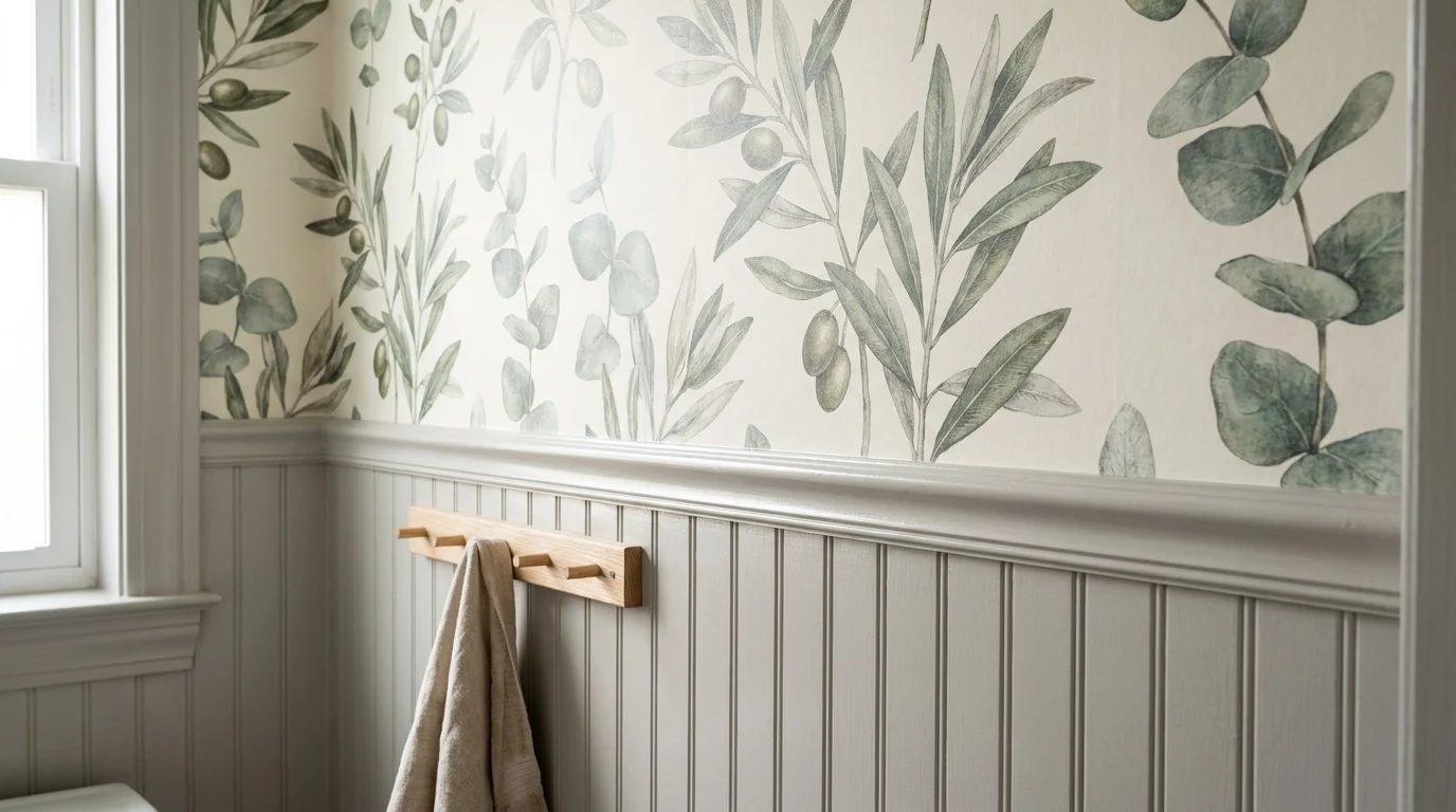 Soft gray wood paneling on the bottom half of a wall with botanical patterned wallpaper above it.