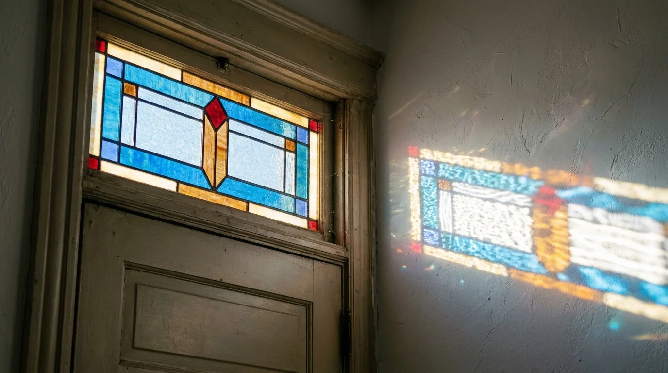 Sunlight streaming through a stained glass transom window, casting colorful geometric patterns onto a white wall.
