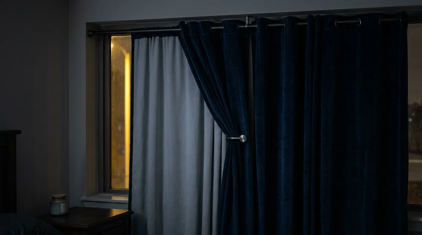 Thick navy blue blackout curtains installed on a tension rod, effectively blocking out bright street lights for a dark sleep environment.