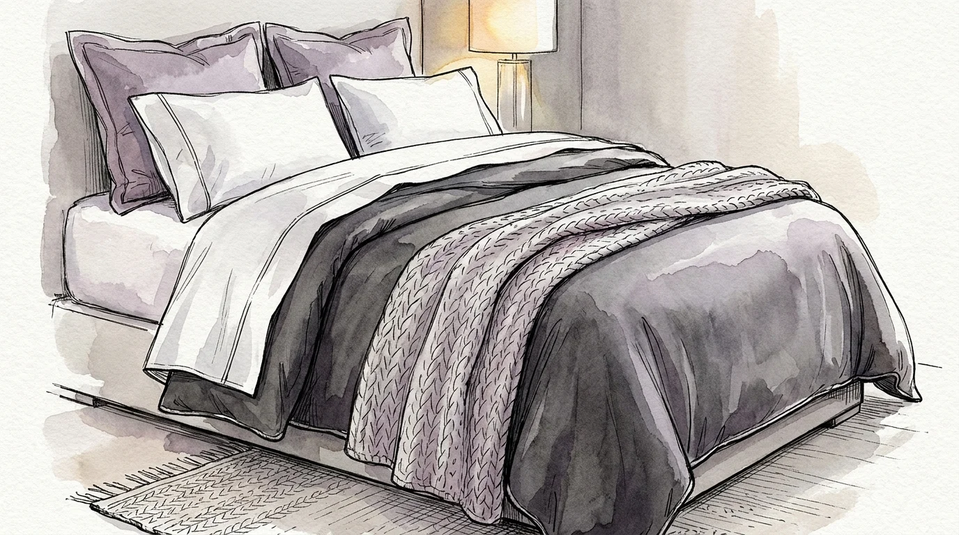 Watercolor illustration of a bed with multiple layers of linens, pillows, and a textured throw blanket.