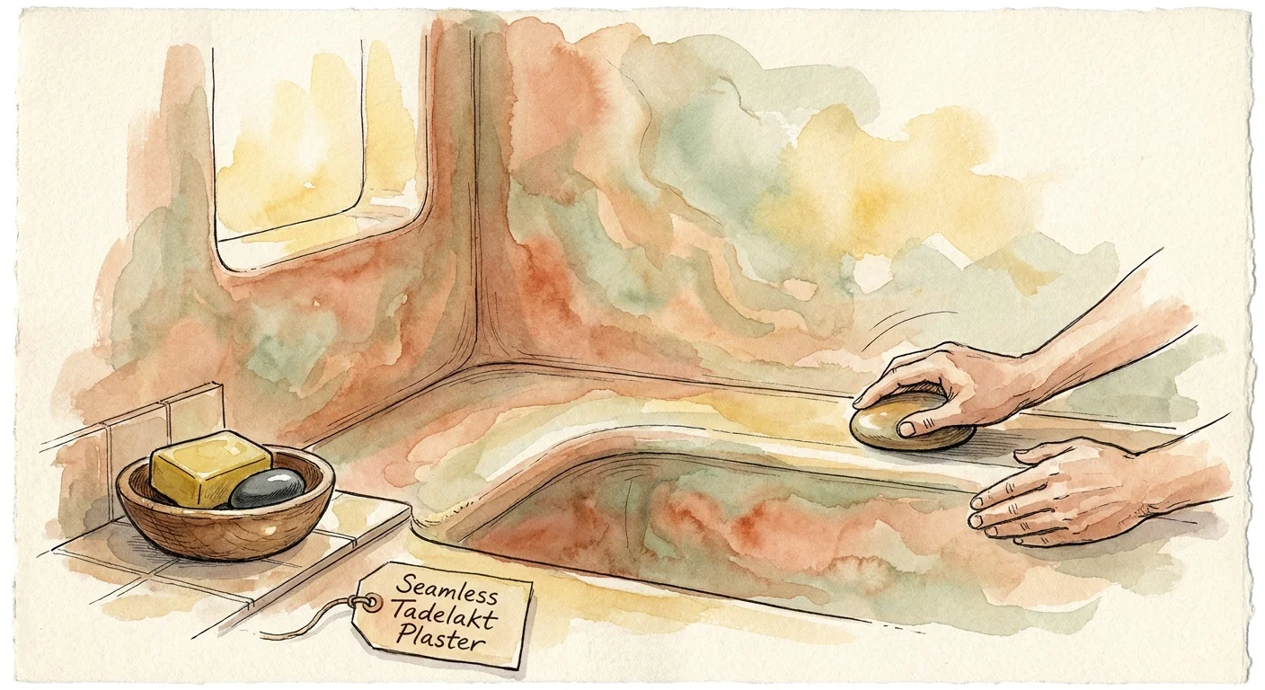 Watercolor illustration of a curved terracotta plaster shower wall with a smooth, hand-finished texture and no grout lines.