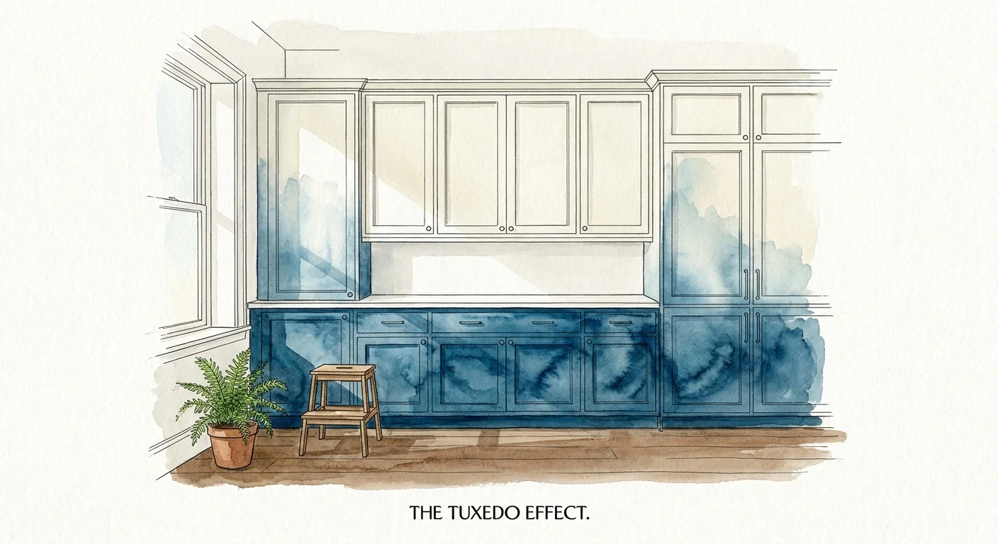 Watercolor illustration of a kitchen with dark blue lower cabinets and white upper cabinets, demonstrating a tuxedo color scheme.