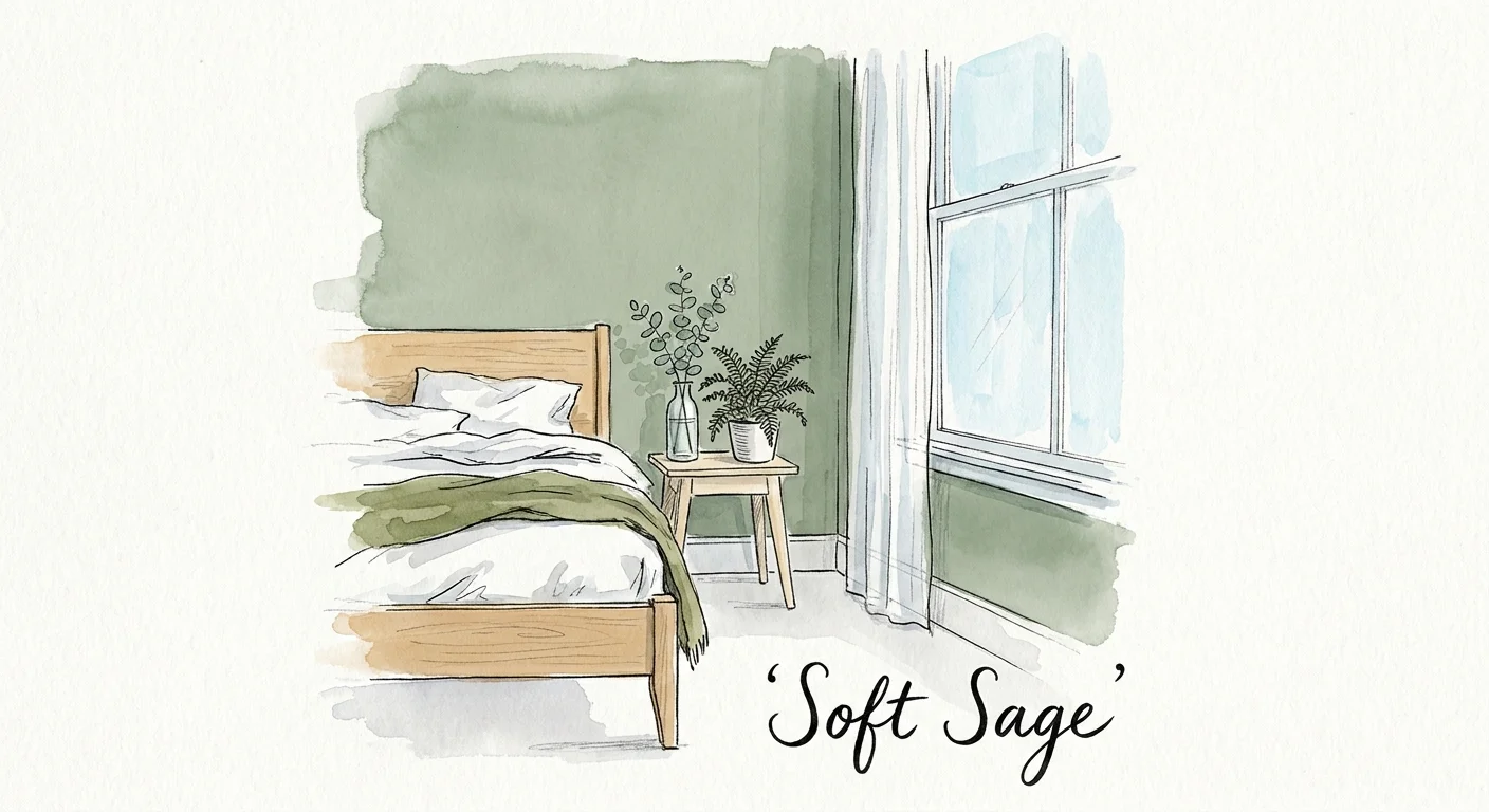 Watercolor illustration of a peaceful bedroom with soft sage green walls and botanical accents.