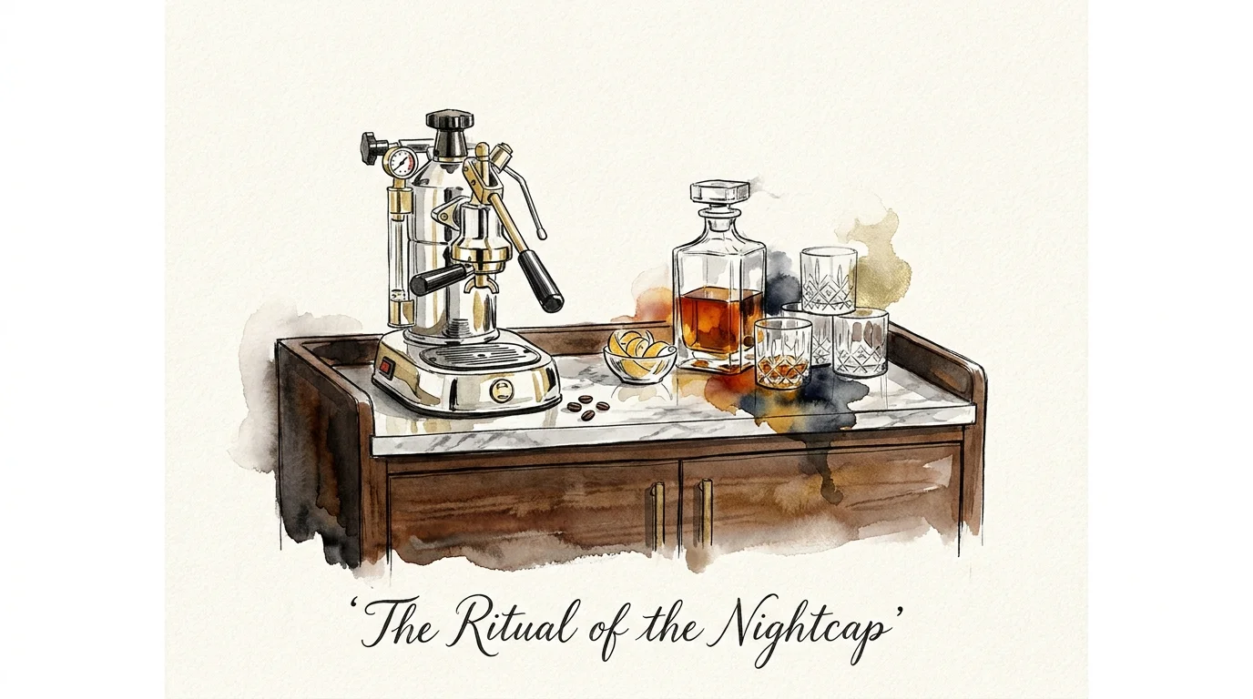 Watercolor illustration of a stylish home bar and coffee station with an espresso machine and crystal glassware.