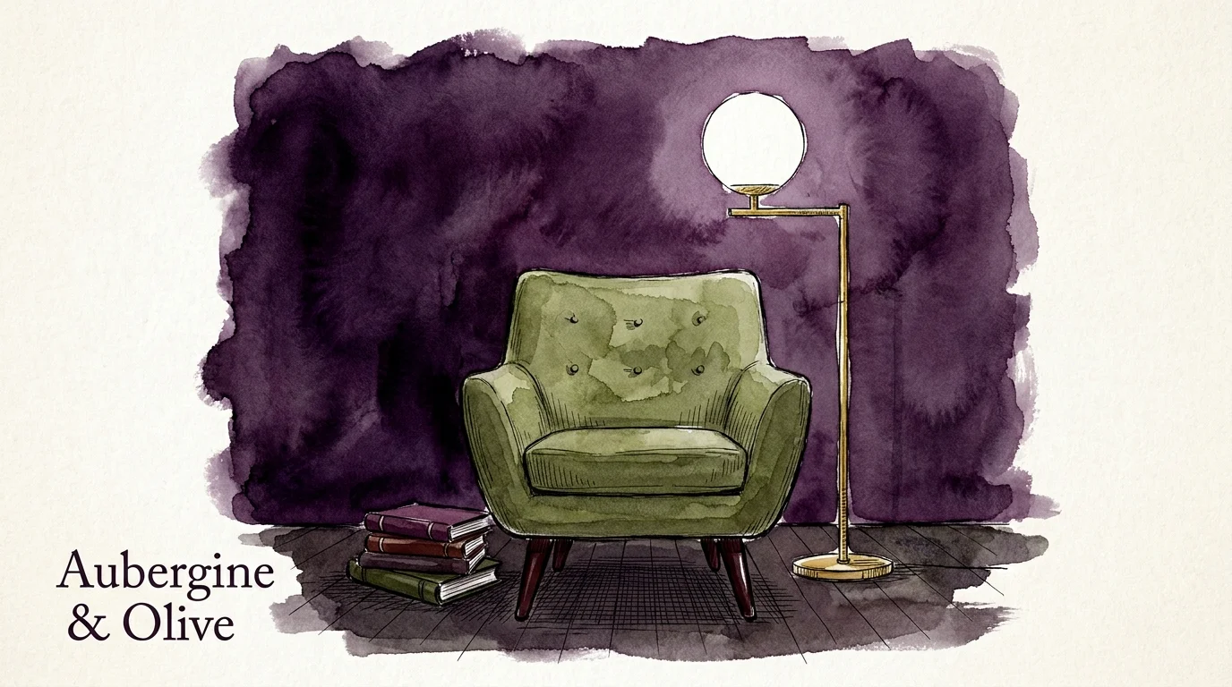 Watercolor illustration of an aubergine room with a green armchair and a reading lamp.