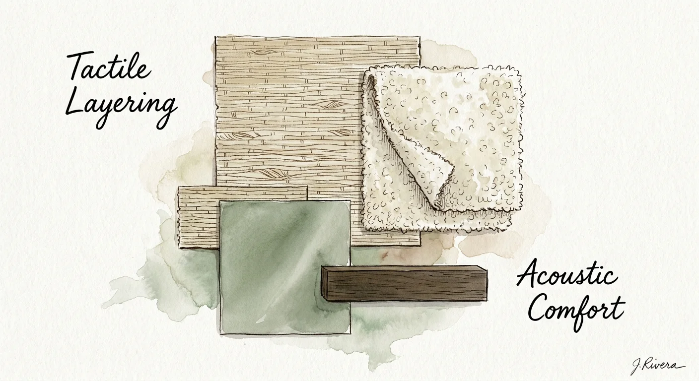 Watercolor illustration showing swatches of grasscloth, bouclé, and silk fabrics labeled 'Tactile Layering'.