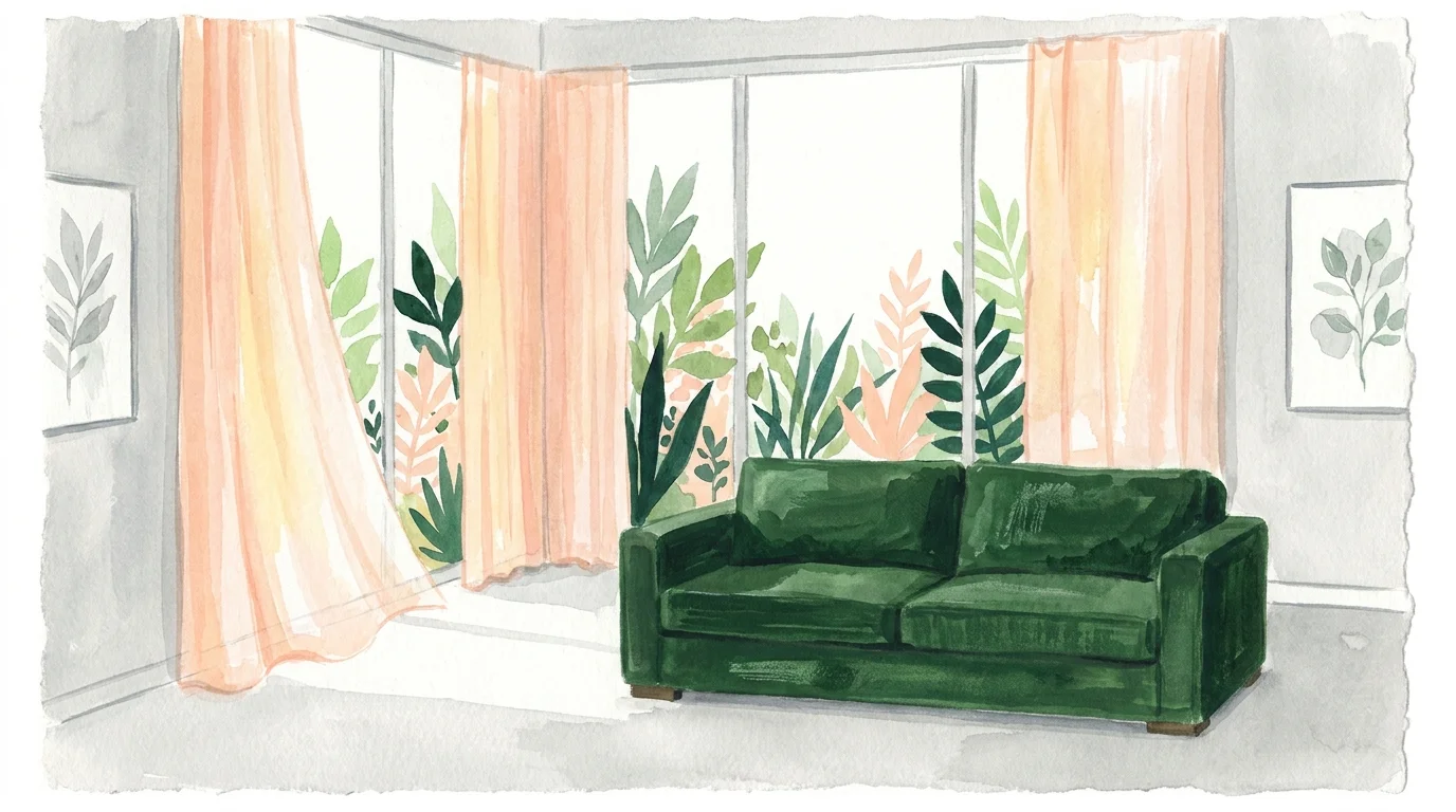 Watercolor painting of a room with peach curtains and a deep forest green sofa.