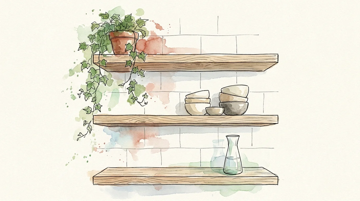 Watercolor sketch of open wooden shelves decorated with plants and ceramic bowls against a white tile background.
