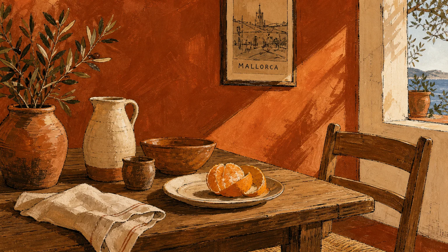 A beautiful gouache illustration of a rustic dining corner with warm, earthy terracotta-colored walls and handmade clay pots.