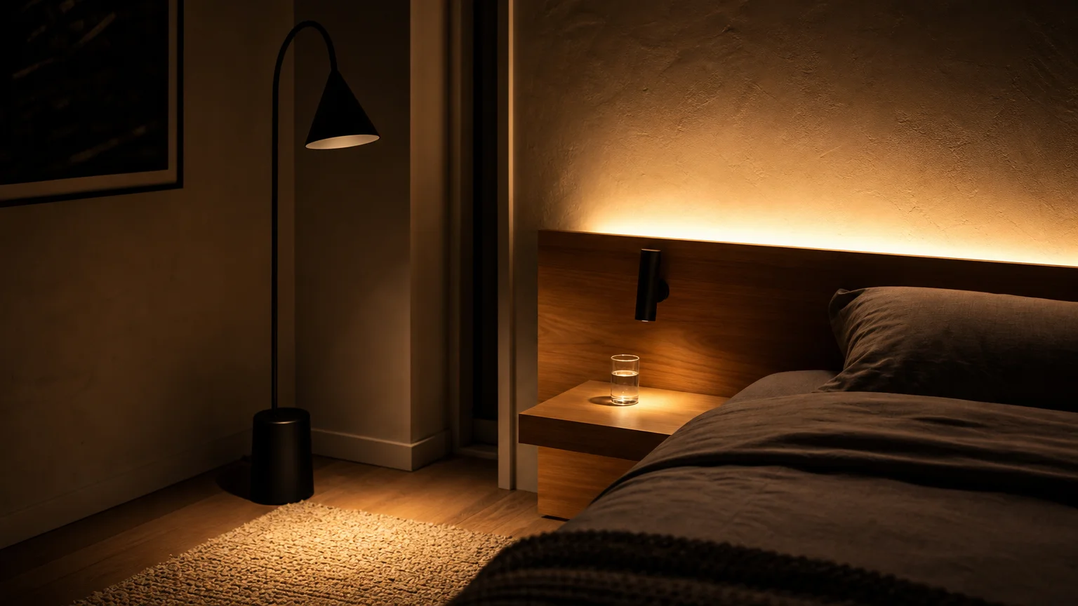A bedroom corner at night with soft ambient lighting from a hidden wall source and a modern floor lamp.