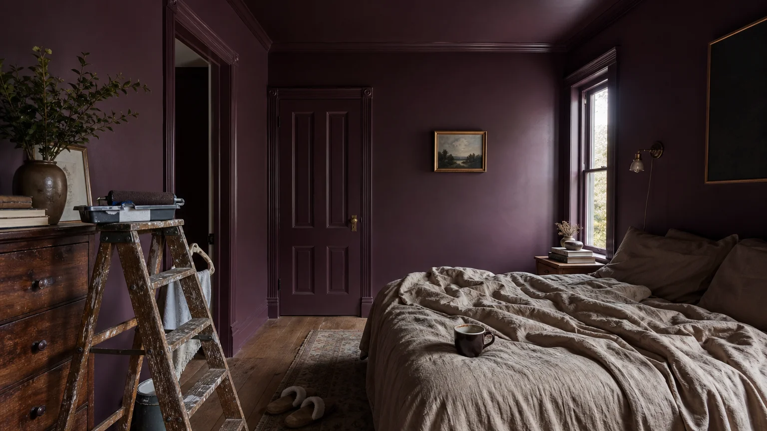 A bedroom painted entirely in warm aubergine, including the ceiling and trim, with a ladder and paint supplies suggesting a DIY project.