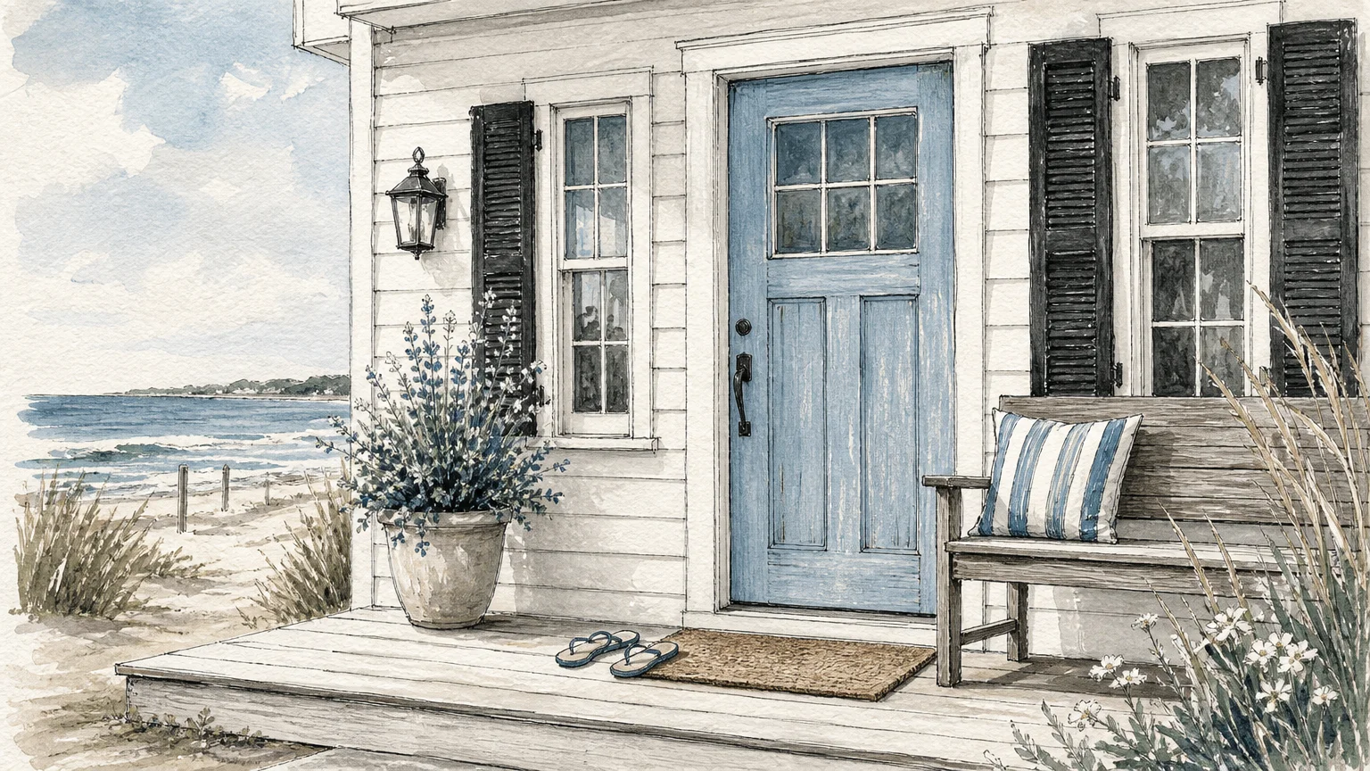 A breezy gouache illustration of a coastal home with a soft, dusty cerulean blue front door and white shiplap siding.