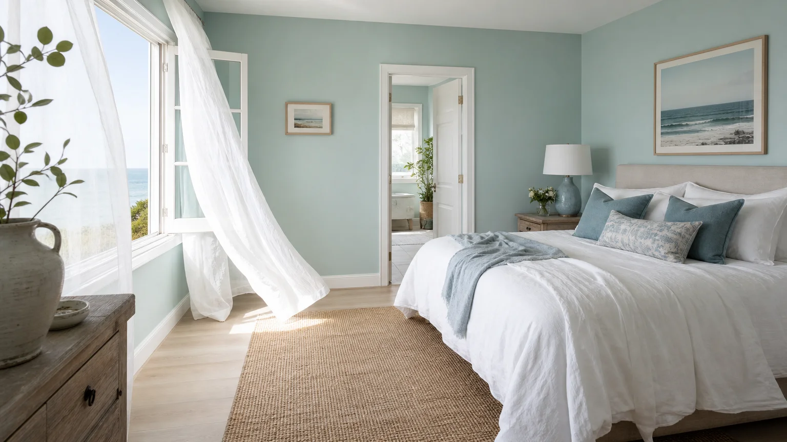 A bright bedroom with sea glass blue-green walls, white linen curtains blowing in the breeze, and mineral blue accent pillows.