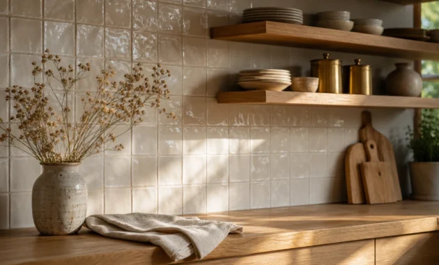 A bright, modern kitchen with a glossy off-white glazed tile backsplash, open wood shelving, and warm afternoon light.