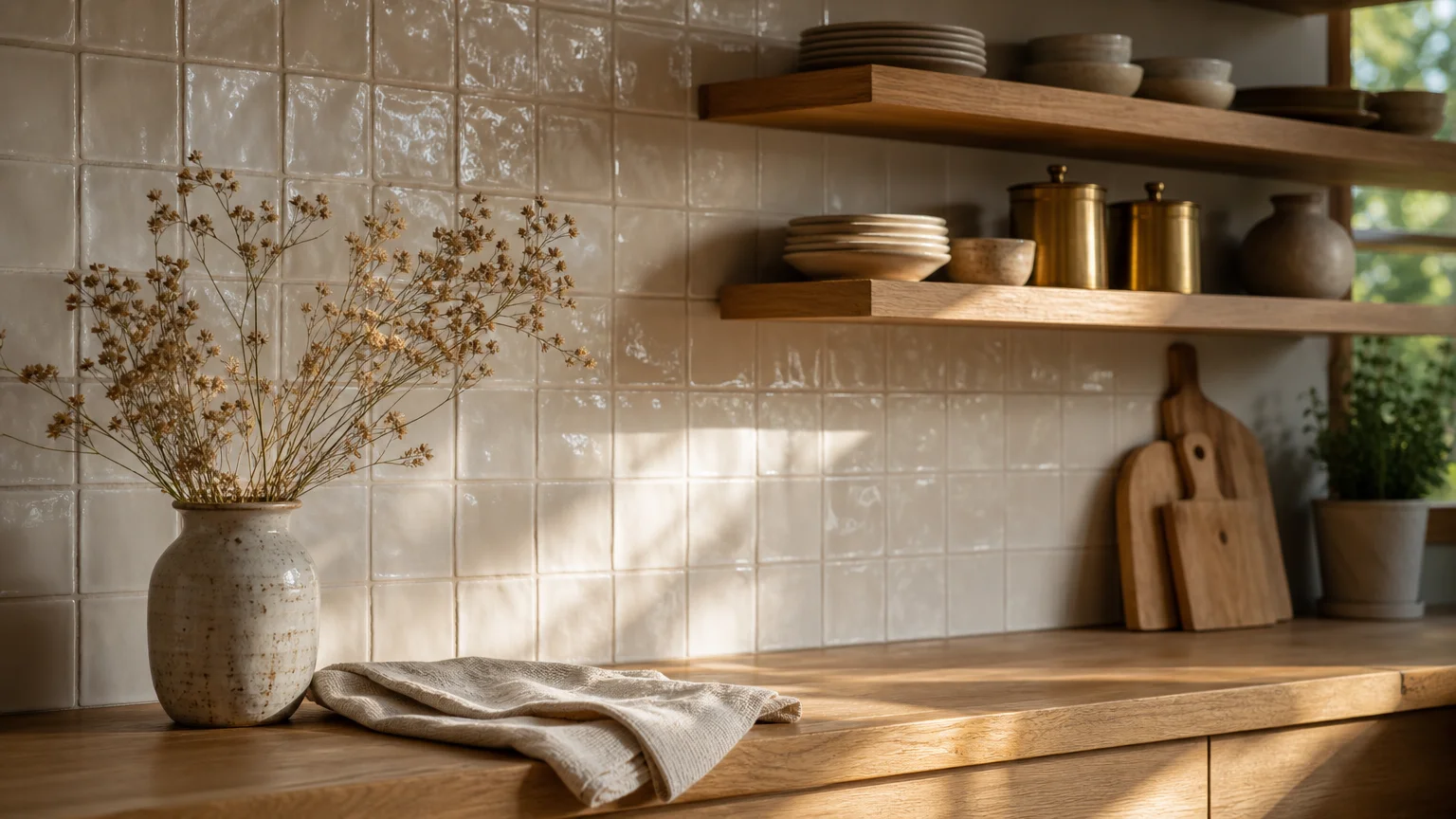 A bright, modern kitchen with a glossy off-white glazed tile backsplash, open wood shelving, and warm afternoon light.