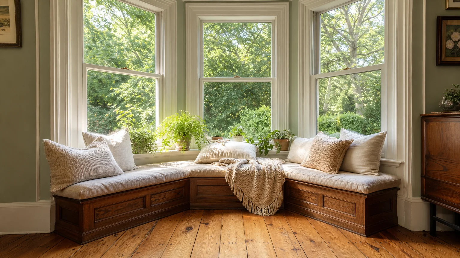 A bright Victorian bay window alcove with a cozy cushioned window seat and potted plants in the sunlight.