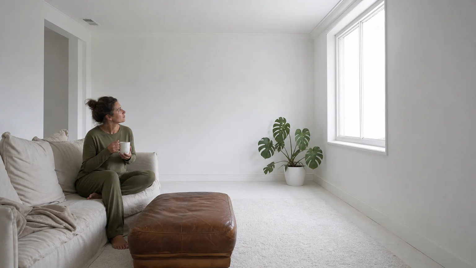 A candid photo of a woman in a sterile, completely white living room that feels flat and lacking in warmth.