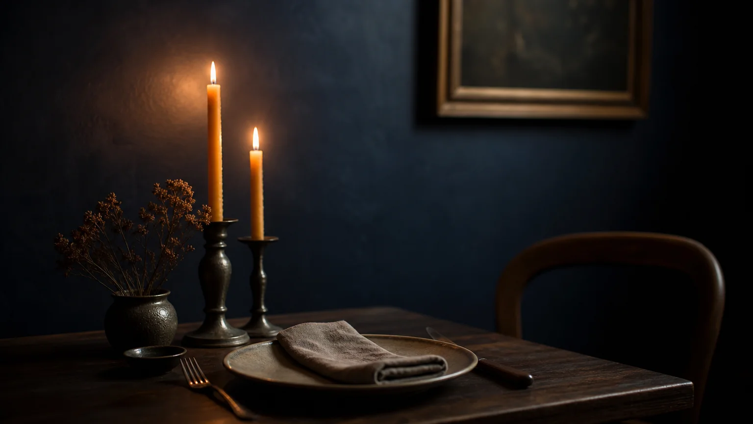 A candlelit dining table set against a velvety, matte inky navy blue wall, showcasing rich shadows and warm candlelight.