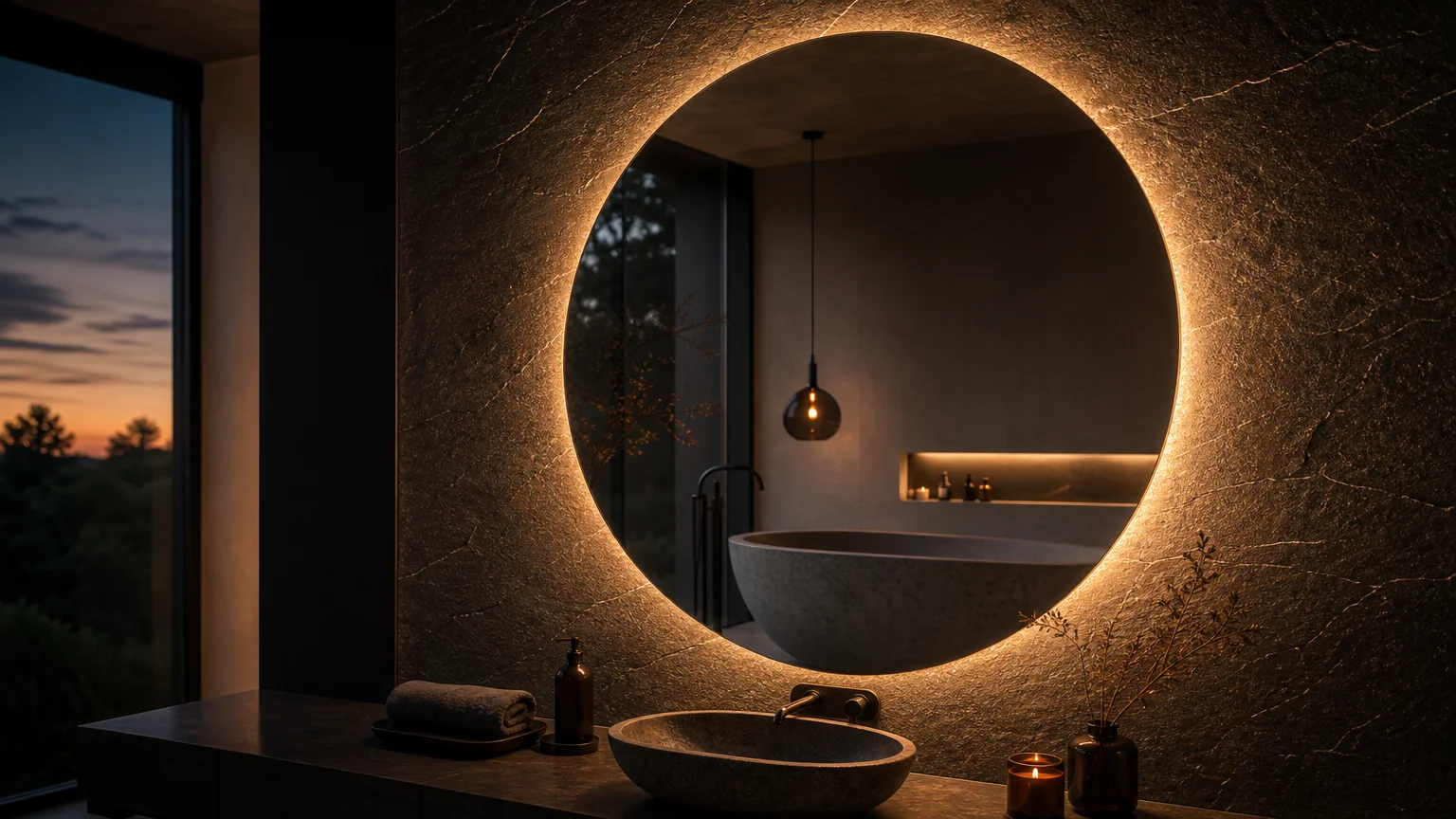 A circular bathroom mirror lit from behind with a warm glowing LED halo on a dark grey slate-textured wall.