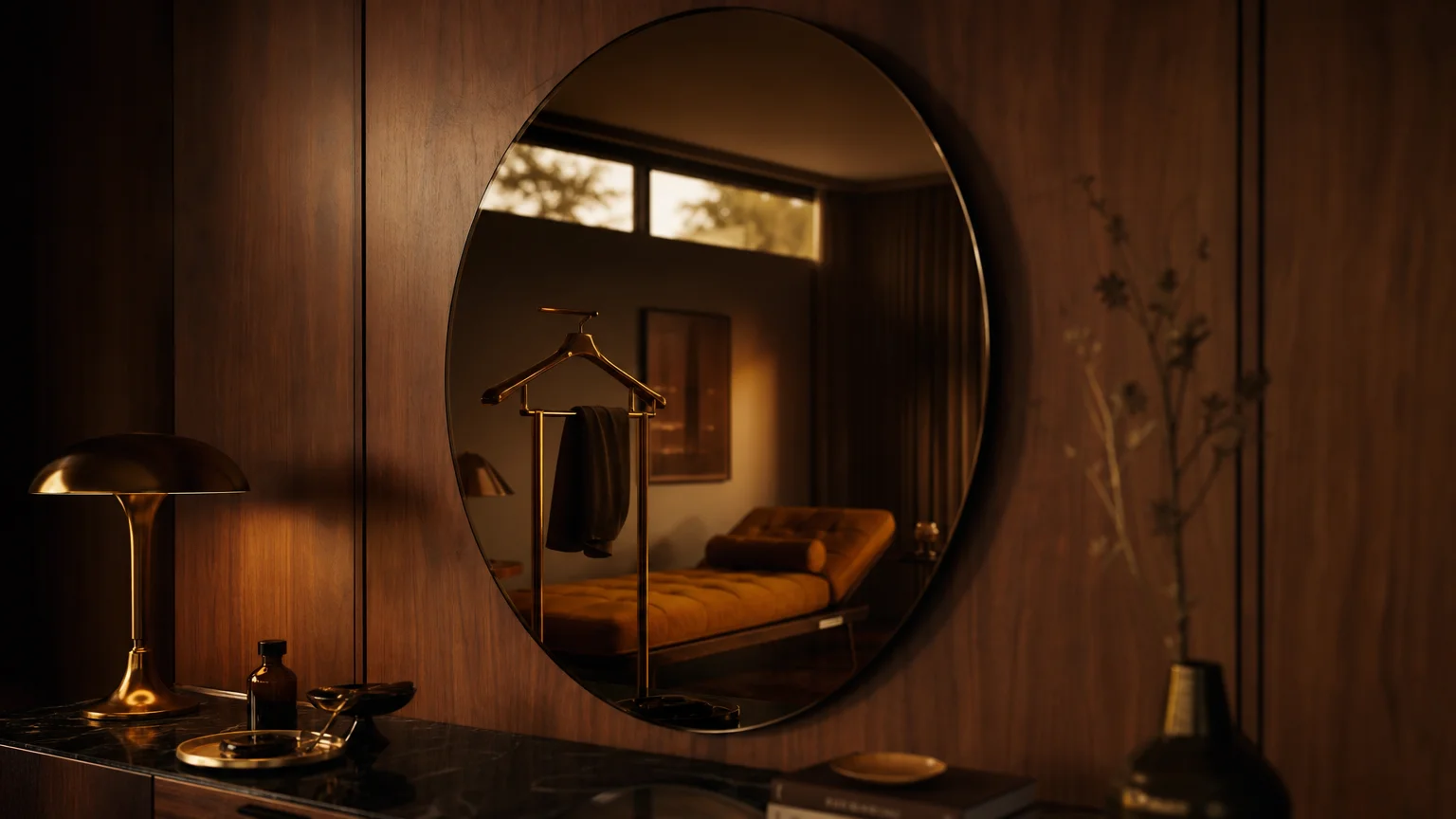 A circular wall mirror crafted from smoked bronze tinted glass mounted on a rich mid-century walnut wood paneled wall.