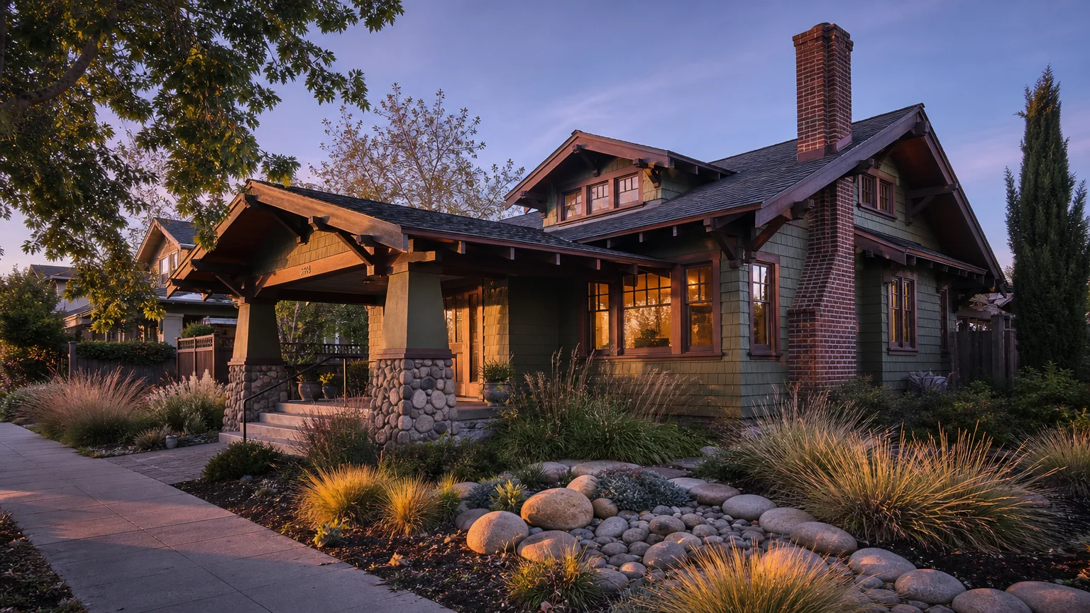 A classic Craftsman bungalow at sunset with a wide porch, tapered stone columns, and deep overhanging eaves.