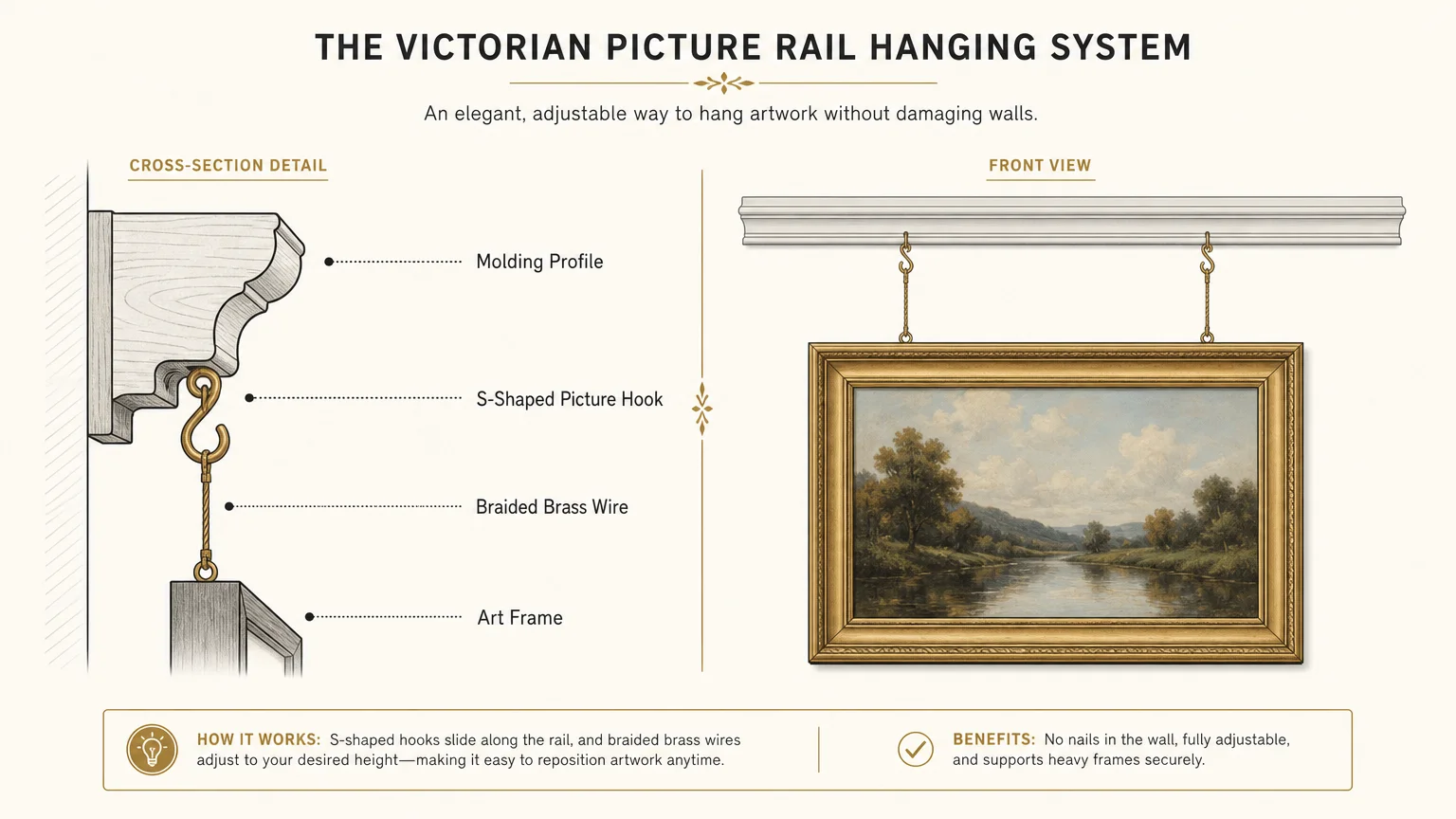 A clean, modern instructional diagram explaining how an S-shaped hook and wire hang art from a Victorian picture rail.