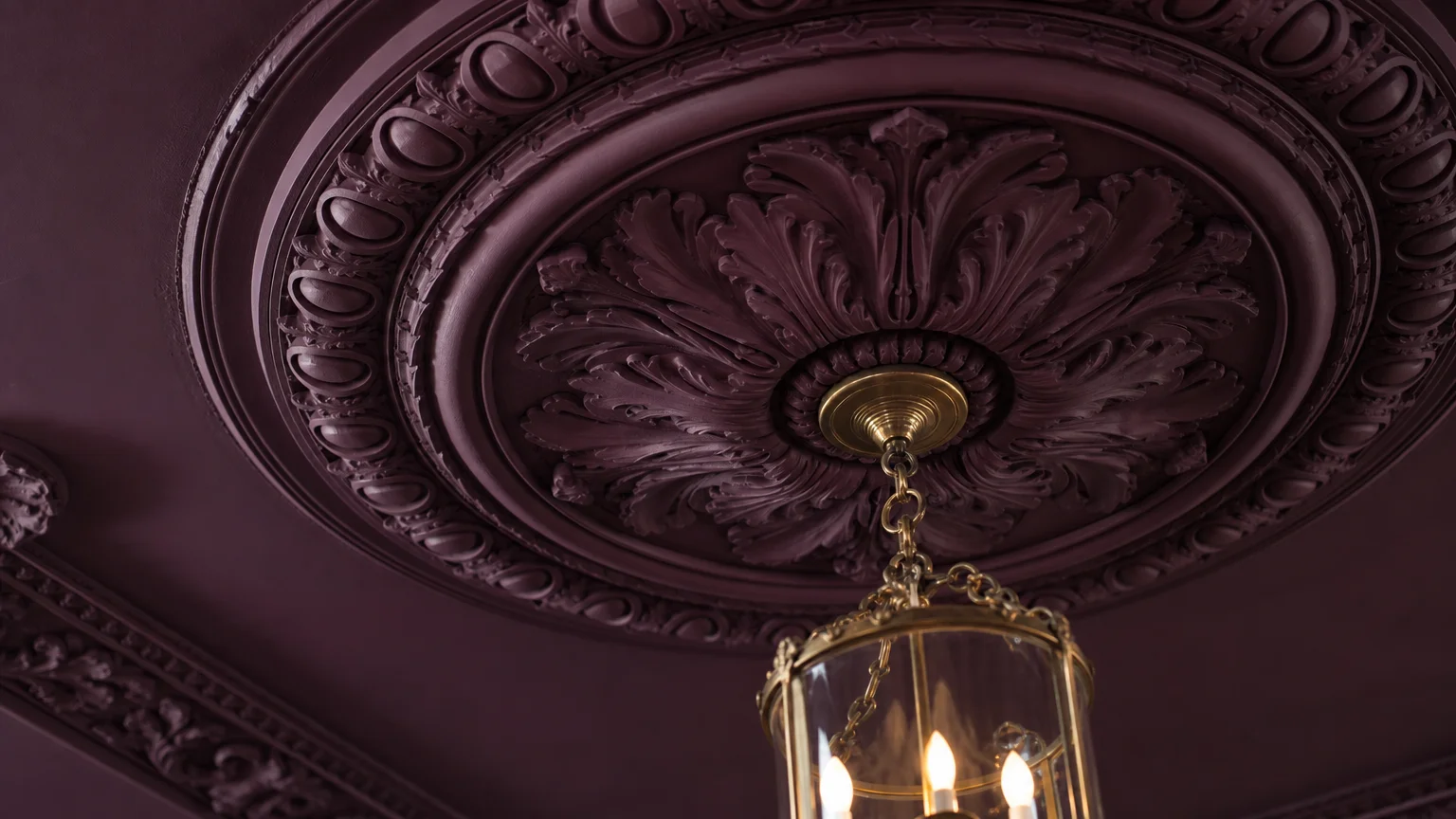 A close-up, low-angle photograph of a detailed Victorian plaster ceiling medallion painted in a deep, monochromatic plum color.