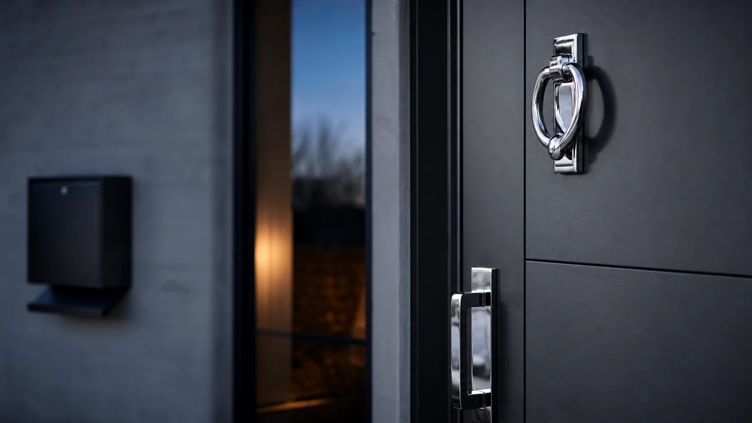 A close-up of a matte graphite-colored door with polished chrome hardware in a modern industrial setting at twilight.
