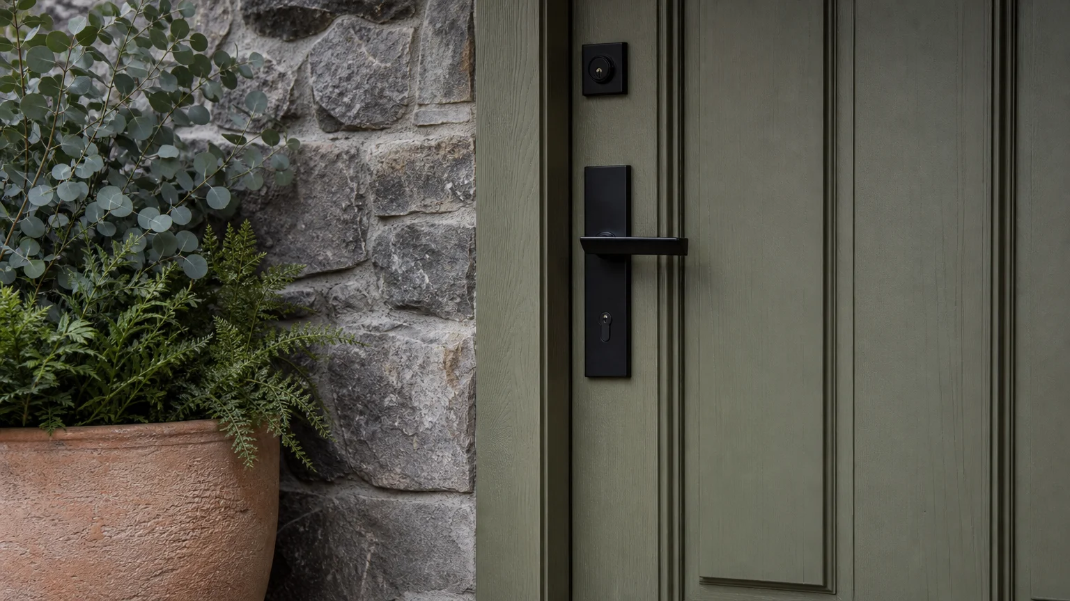 A close-up of a muted olive green door with matte black hardware set against a rustic stone wall with green plants.