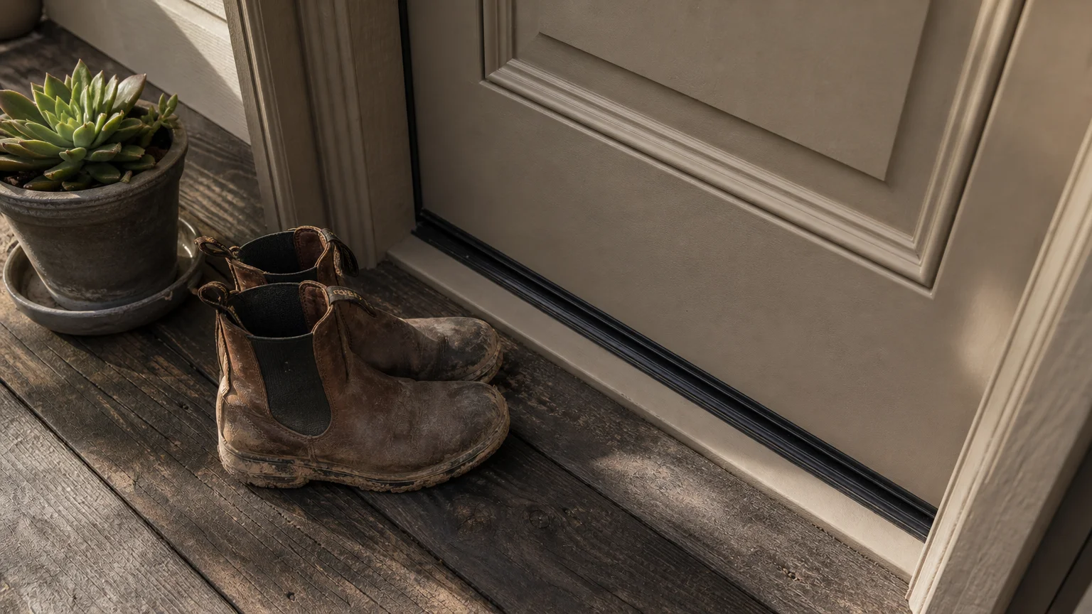 A close-up of a warm mushroom-colored door threshold with a pair of leather gardening boots on a wooden porch.