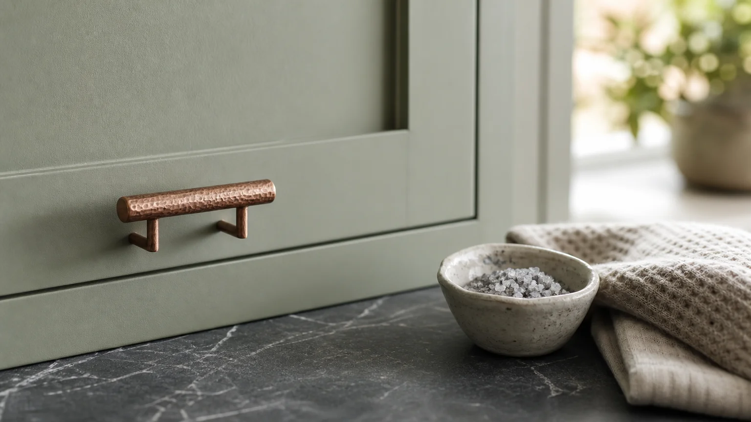 A close-up of sage green kitchen cabinets with a hammered copper handle, sitting below a dark soapstone countertop.